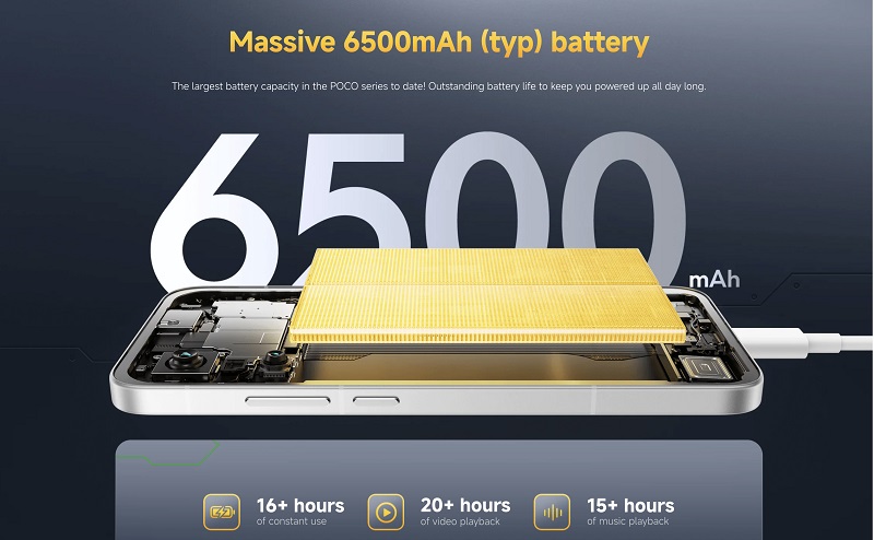 Poco F7 5G có pin 6,500 mAh, sạc nhanh 90W